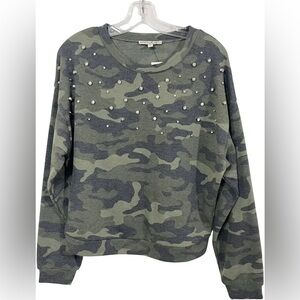 Express Green Camo Print Rhinestone Crewneck Sweatshirt
